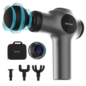 cecotec skincare massage gun pistola de masaje lcd relaja musculos y mejora circulacion intensidad ajustable 4 cabezales intercambiables estuche de almacenamiento color negro y gris