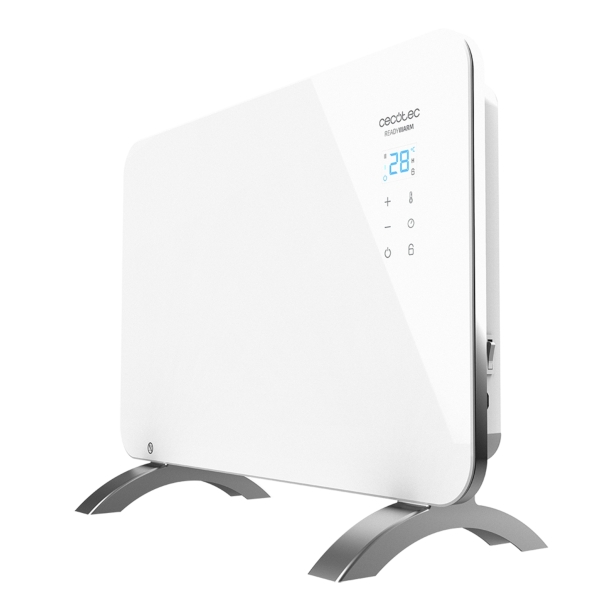 cecotec ready warm 6650 crystal connection convector de cristal templado 1000w cobertura hasta 10m2 control wi fi led tactil 2 niveles seguridad y proteccion 60x7x43cm color blanco
