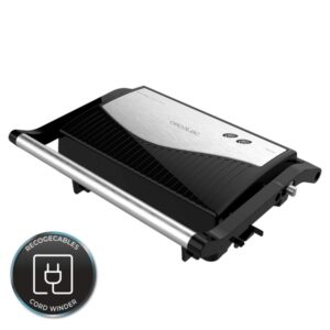 cecotec rock'ngrill 750 full open parrilla electrica 750w apertura 180º revestimiento antiadherente placa flotante indicador luminoso cierre vertical con pinza 23x14.5cm color negro