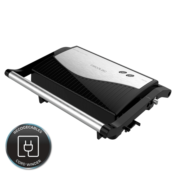 cecotec rock'ngrill 750 full open parrilla electrica 750w apertura 180º revestimiento antiadherente placa flotante indicador luminoso cierre vertical con pinza 23x14.5cm color negro
