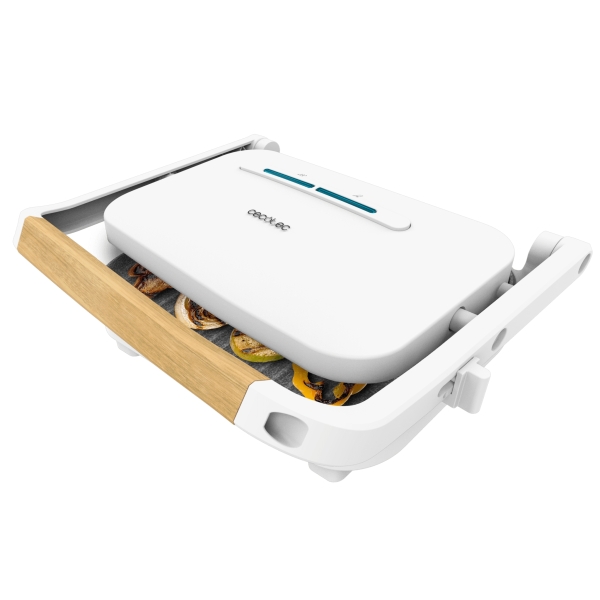 cecotec rock'ngrill 1300 woodw parrilla electrica potencia de 1300w revestimiento antiadherente base antideslizante placa ajustable indicador luminoso asa de madera color blanco