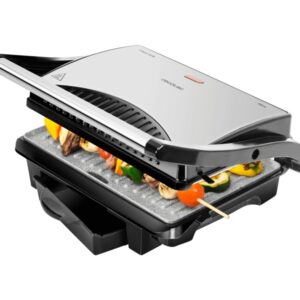 cecotec rock'ngrill 1000 parrilla electrica 1000w antiadherente placa flotante ajustable bandeja recogegrasas asa de tacto frio guardado vertical 25.5x29.5cm acero inoxidable