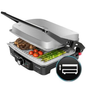 cecotec rock'ngrill 2000 parrilla electrica 2000w antiadherente apertura 180º saliente vierte grasas placa superior flotante base antideslizante 30x23.5cm acero inoxidable