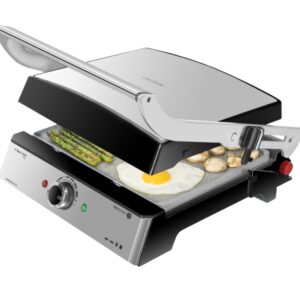 cecotec rock'ngrill pro parrilla electrica 2000w antiadherente placas extraibles y reversibles apertura 180º libre de ptfe y pfoa pinza base antideslizante 34x23cm acero inoxidable