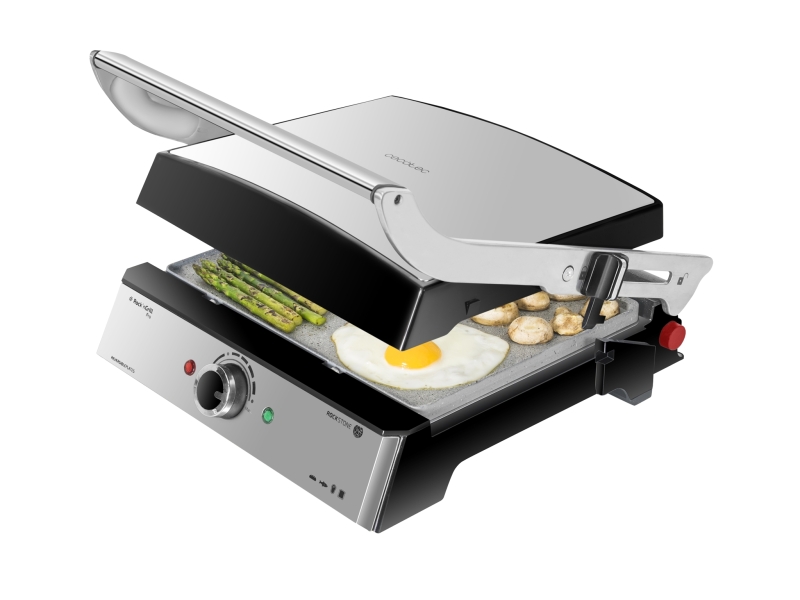 cecotec rock'ngrill pro parrilla electrica 2000w antiadherente placas extraibles y reversibles apertura 180º libre de ptfe y pfoa pinza base antideslizante 34x23cm acero inoxidable