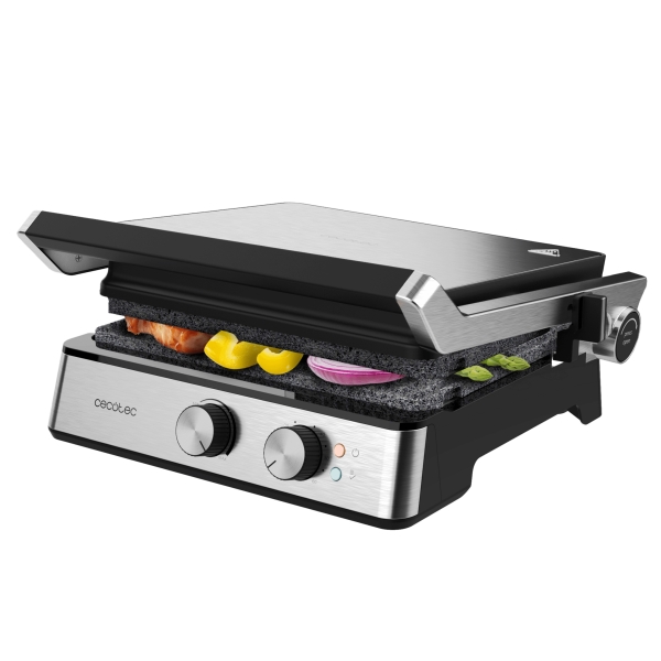 cecotec rock'ngrill blaze parrilla electrica potencia de 2400w revestimiento antiadherente apertura 180º temperatura regulable bandeja recogegrasas 29x23cm acero inoxidable