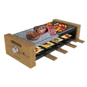cecotec cheese and grill 8400 wood mixgrill raclette 1200w 8 sartenes antiadherentes grill y plancha termostato placas antiadherentes de acero y piedra extraibles color madera claro