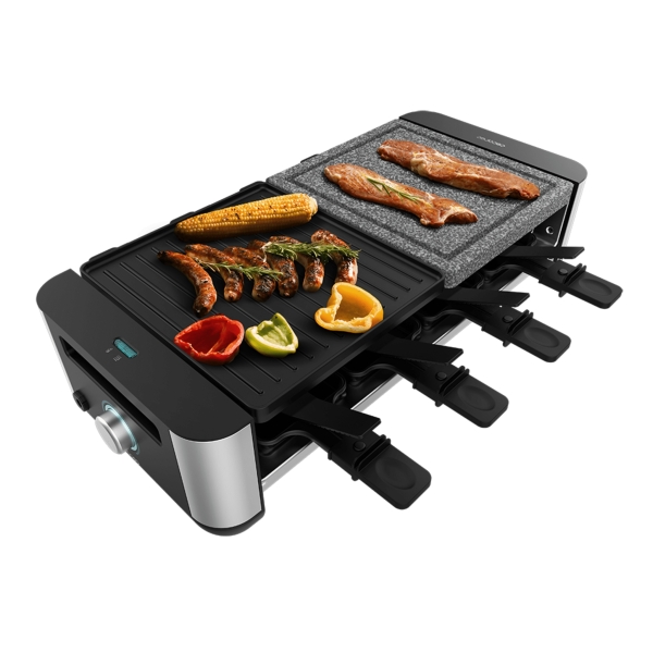 cecotec cheese and grill 16000 inox mixgrill raclette 1400w superficie reversible de 20x22cm termostato 8 sartenes antiadherentes espatulas de madera apto lavavajillas color negro