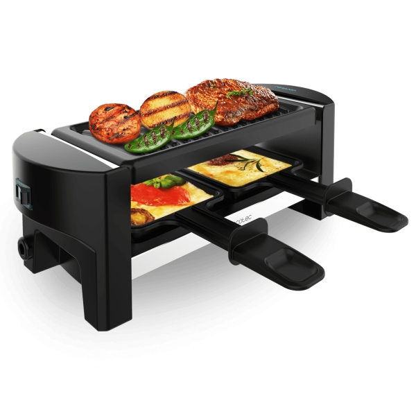cecotec cheese and grill 3200 pocket raclette potencia de 320w ideal para 2 personas incluye sartenes y espatulas superficie mixta grill y plancha termostato regulable color negro