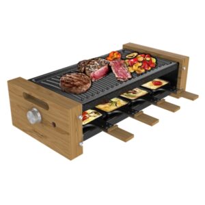 cecotec cheese and grill 8200 wood black raclette 1200w 8 sartenes antiadherentes placa antiadherente de acero superficie de grill termostato regulable extraible color madera claro