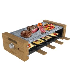 cecotec cheese and grill 8600 wood allstone raclette potencia de 1200w 8 sartenes antiadherentes placa piedra natural termostato regulable extraible facil limpieza color madera claro
