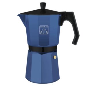 cecotec mokclassic 300 cafetera italiana para 3 tazas aluminio fundido apta para gas, electrica y vitro facil de desmontar junta de silicona valvula de seguridad color azul