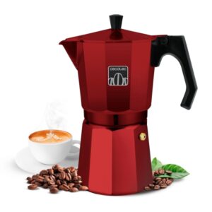 cecotec mokclassic 900 cafetera italiana para 9 tazas aluminio fundido apta para gas, electrica y vitro facil de limpiar valvula de seguridad filtro de acero inoxidable color rojo