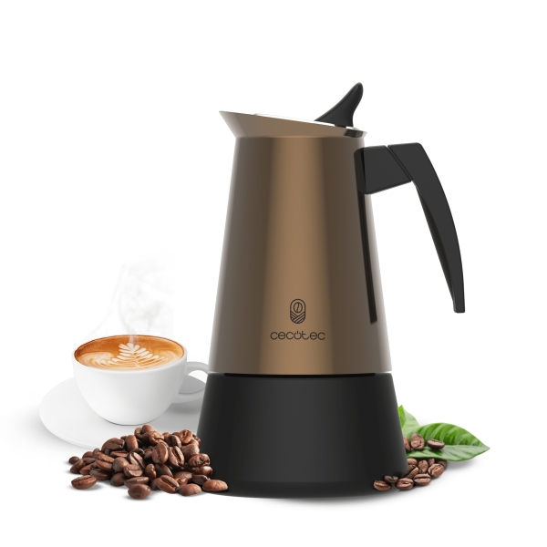 cecotec piccolina 200 cafetera italiana para 2 tazas acero inoxidable apta para gas, electrica y vitro mango ergonomico valvula de seguridad integrada color marron metalizado