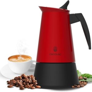 cecotec piccolina 600 cafetera italiana para 6 tazas de acero inoxidable capacidad de 300ml junta de silicona compatible con todo tipo de cocinas valvula de seguridad color negro y rojo