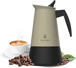 cecotec piccolina 600 cafetera italiana para 6 tazas de acero inoxidable capacidad de 300ml junta de silicona compatible con todo tipo de cocinas valvula de seguridad color negro y verde