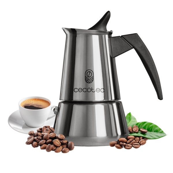 cecotec piccolina 600 cafetera italiana para 6 tazas acero inoxidable apta para gas, electrica y vitro facil limpieza y desmontaje junta de silicona mango ergonomico valvula de seguridad