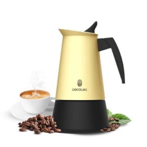 cecotec piccolina 600 cafetera italiana para 6 tazas de acero inoxidable capacidad de 300ml junta de silicona compatible con todo tipo de cocinas valvula de seguridad color negro y amarillo