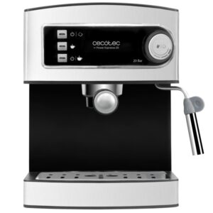cecotec power espresso cafetera espresso 850w 20bar deposito 1.6l extraible doble salida vaporizador orientable calienta tazas acabados en acero inoxidable color negro y plata