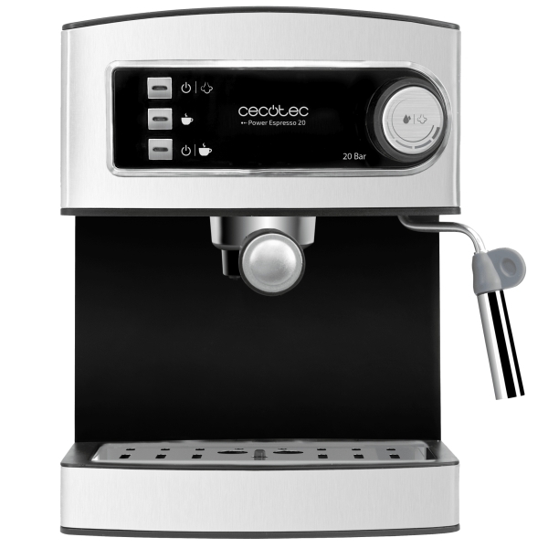 cecotec power espresso cafetera espresso 850w 20bar deposito 1.6l extraible doble salida vaporizador orientable calienta tazas acabados en acero inoxidable color negro y plata