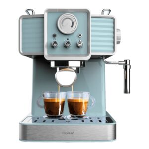 cecotec power espresso 20 tradizionale light blue cafetera espresso 1350w 20bar manometro vaporizador orientable capacidad 1.5l estilo vintage acero inoxidable color azul claro
