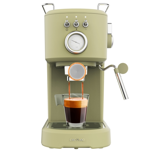cecotec power espresso 20 retro green cafetera espresso 1100w 20bar vaporizador orientable doble salida de cafe deposito 1.25l extraible calienta tazas manometro de presion color menta