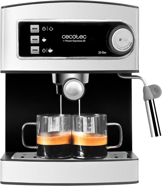 cecotec power espresso 20 cafetera express automatica potencia de 850w bomba de 20 bares deposito de 1.5l doble salida vaporizador orientable acero inoxidable