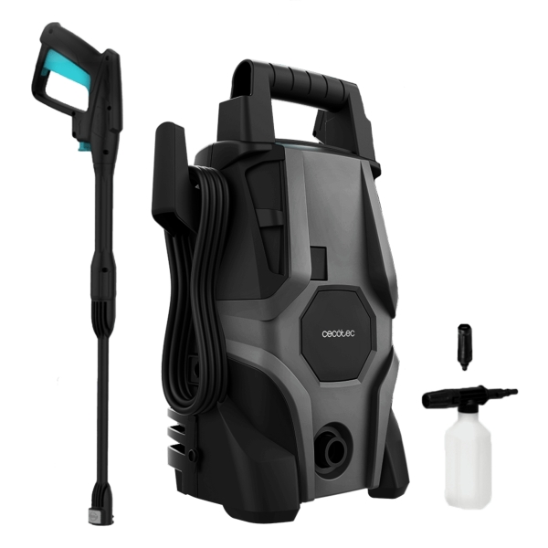 cecotec hydroboost 1400 essential hidrolimpiadora 1400w presion 105bar caudal 426l/h botella de jabon bomba de aluminio facil transporte accesorios surtidos color negro y azul