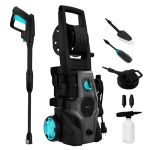 cecotec hydroboost 2000 car and garden pro hidrolimpiadora 2000w presion 150bar caudal 450l/h bomba aluminio accesorios surtidos facil transporte bloqueo de gatillo color negro y azul
