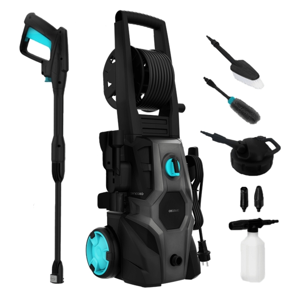 cecotec hydroboost 2000 car and garden pro hidrolimpiadora 2000w presion 150bar caudal 450l/h bomba aluminio accesorios surtidos facil transporte bloqueo de gatillo color negro y azul