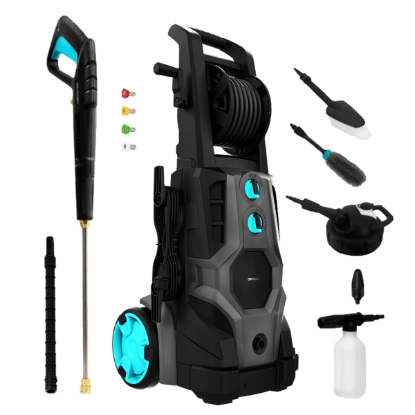 cecotec hydroboost 3200 totalclean hidrolimpiadora 3200w presion 225bar caudal 540l/h accesorios surtidos bomba aluminio facil transporte botella de jabon color negro y azul