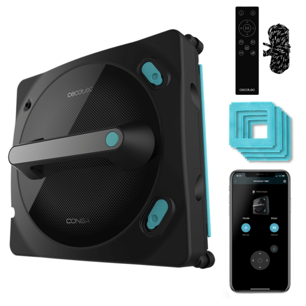 cecotec conga windroid 1490 twerkingspray connected robot limpiacristales multisuperficie 8 modos doble spray control via app y mando alcance de 7m cuerda de seguridad color negro