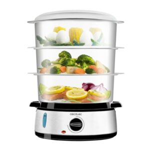cecotec vapovita 3000 inox vaporera multifuncional 800w acero inoxidable capacidad de 9l 3 recipientes independientes soporte para huevos temporizador color negro y plata