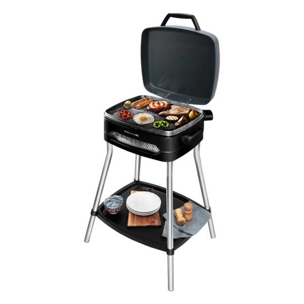 cecotec perfect country bbq barbacoa electrica 2000w tapa abatible termostato regulable bandeja recogegrasas patas y soporte de acero indicador luminoso 53x60x90cm color negro