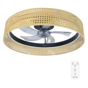 cecotec energysilence lampaero 600 beige design ventilador de techo con 5 aspas y luz 20w tulipa de mimbre 3 tonos led temporizador 6 velocidades modo invierno color madera claro