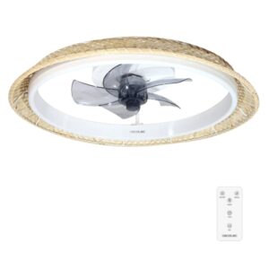 cecotec energysilence lampaero 620 natural design ventilador de techo con 5 aspas y luz 20w tulipa de mimbre 3 tonos led temporizador 6 velocidades modo invierno color madera claro