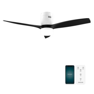 cecotec energysilence aero 5600 aqua whiteandblack connected ventilador de techo con 3 aspas y luz 40w diametro de 132cm led wi fi ip44 temporizador 6 velocidades color blanco y negro