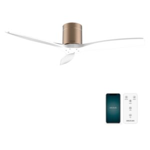 cecotec energysilence aero 5500 aqua goldwhite connected ventilador de techo de 3 aspas 40w diametro de 52" wifi y mando a distancia ip44 temporizador modo invierno color blanco y dorado