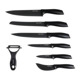 cecotec titanium pack de 7 cuchillos profesionales hoja de 2mm de grosor acero inoxidable con recubrimiento ceramico mango de polipropileno aptos para lavavajillas estilo japones color negro
