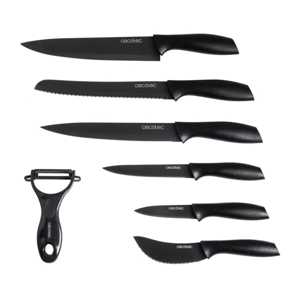 cecotec titanium pack de 7 cuchillos profesionales hoja de 2mm de grosor acero inoxidable con recubrimiento ceramico mango de polipropileno aptos para lavavajillas estilo japones color negro