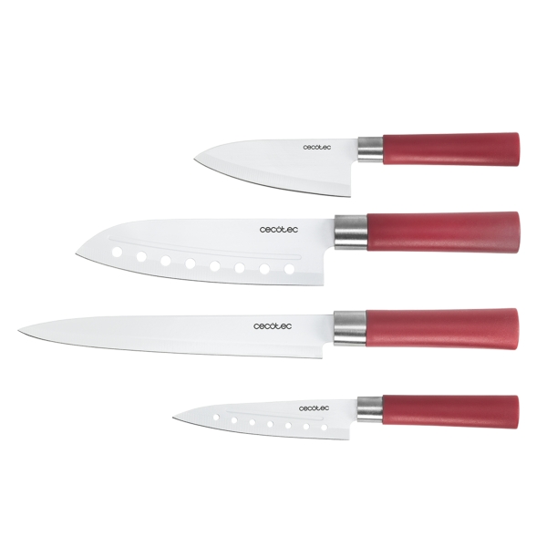 cecotec santoku pack de 4 cuchillos profesionales hoja de 2mm de grosor recubrimiento ceramico acero inoxidable con base de carbono estilo japones estuche aptos para lavavajillas color rojo