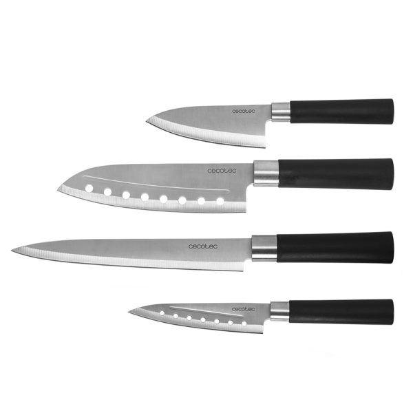 cecotec santoku pack de 4 cuchillos profesionales hoja de 2mm de grosor acero inoxidable con base de carbono mango ergonomico estilo japones estuche apto para lavavajillas color negro