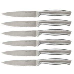 cecotec pack de 6 cuchillos dentados hoja de 1.8mm de grosor hoja de 12cm mango de 11.6cm acero inoxidable sierra para carne
