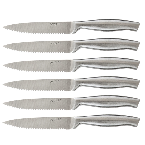 cecotec pack de 6 cuchillos dentados hoja de 1.8mm de grosor hoja de 12cm mango de 11.6cm acero inoxidable sierra para carne