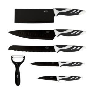 cecotec swiss pack de 6 cuchillos profesionales hojas de 2mm de grosor acero inoxidable y ceramica mango antideslizante recubrimiento antiadherente y antibacteriano estuche color negro
