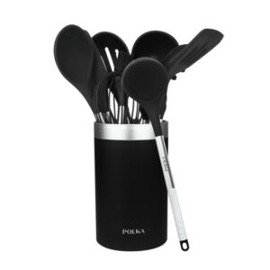 cecotec polka exclusive wood and rock pack de 9 utensilios de cocina incluye soporte materiales silicona y acero resistente hasta 220°c libre de bpa silicona antiadherente color negro