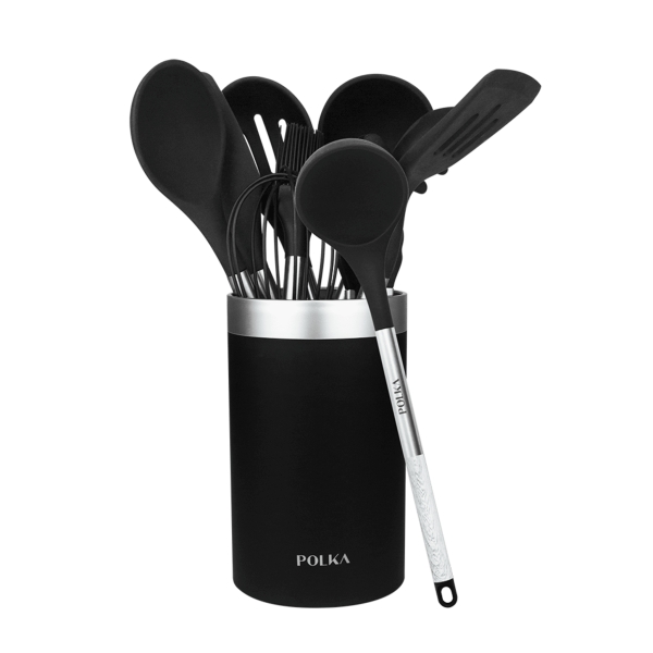 cecotec polka exclusive wood and rock pack de 9 utensilios de cocina incluye soporte materiales silicona y acero resistente hasta 220°c libre de bpa silicona antiadherente color negro