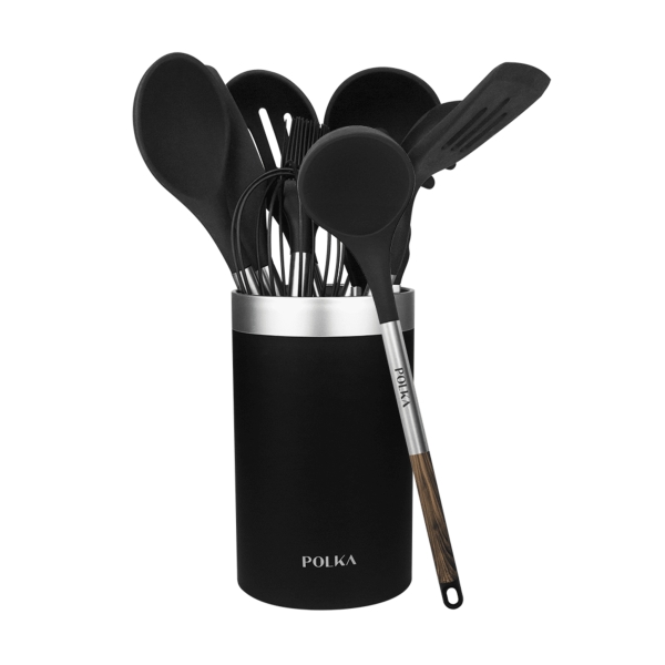 cecotec polka excellence force pack de 9 utensilios de cocina mango efecto madera silicona antiadherente resistente hasta 220°c libre de bpa incluye soporte facil de limpiar color negro