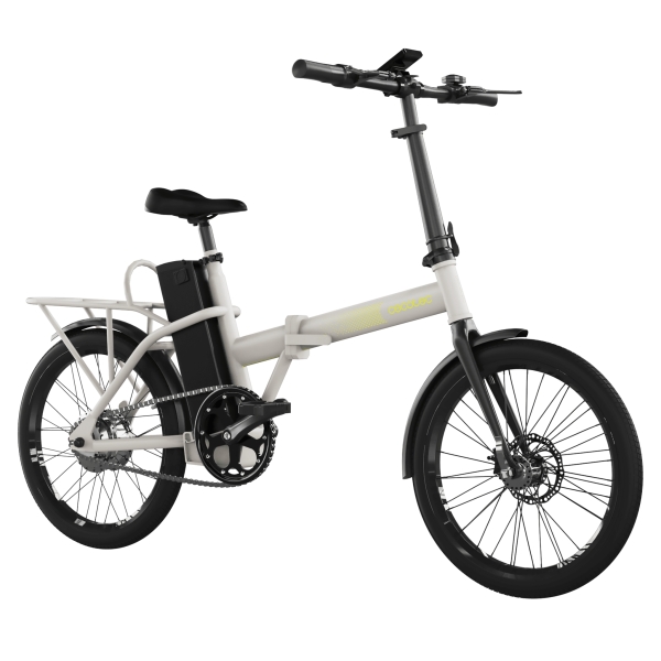 cecotec folding bicicleta electrica de 20" 270wh autonomia 35km bateria extraible doble freno de disco display con 3 niveles cuadro de acero herramientas y cargador color blanco
