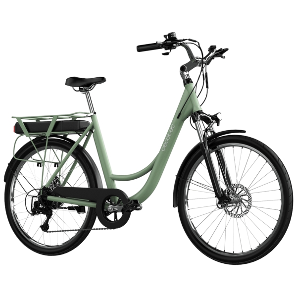 cecotec city bicicleta electrica de 28" potencia de 468wh autonomia de 80km doble freno de disco suspension delantera cambio shimano de 6 velocidades cuadro de aluminio color menta